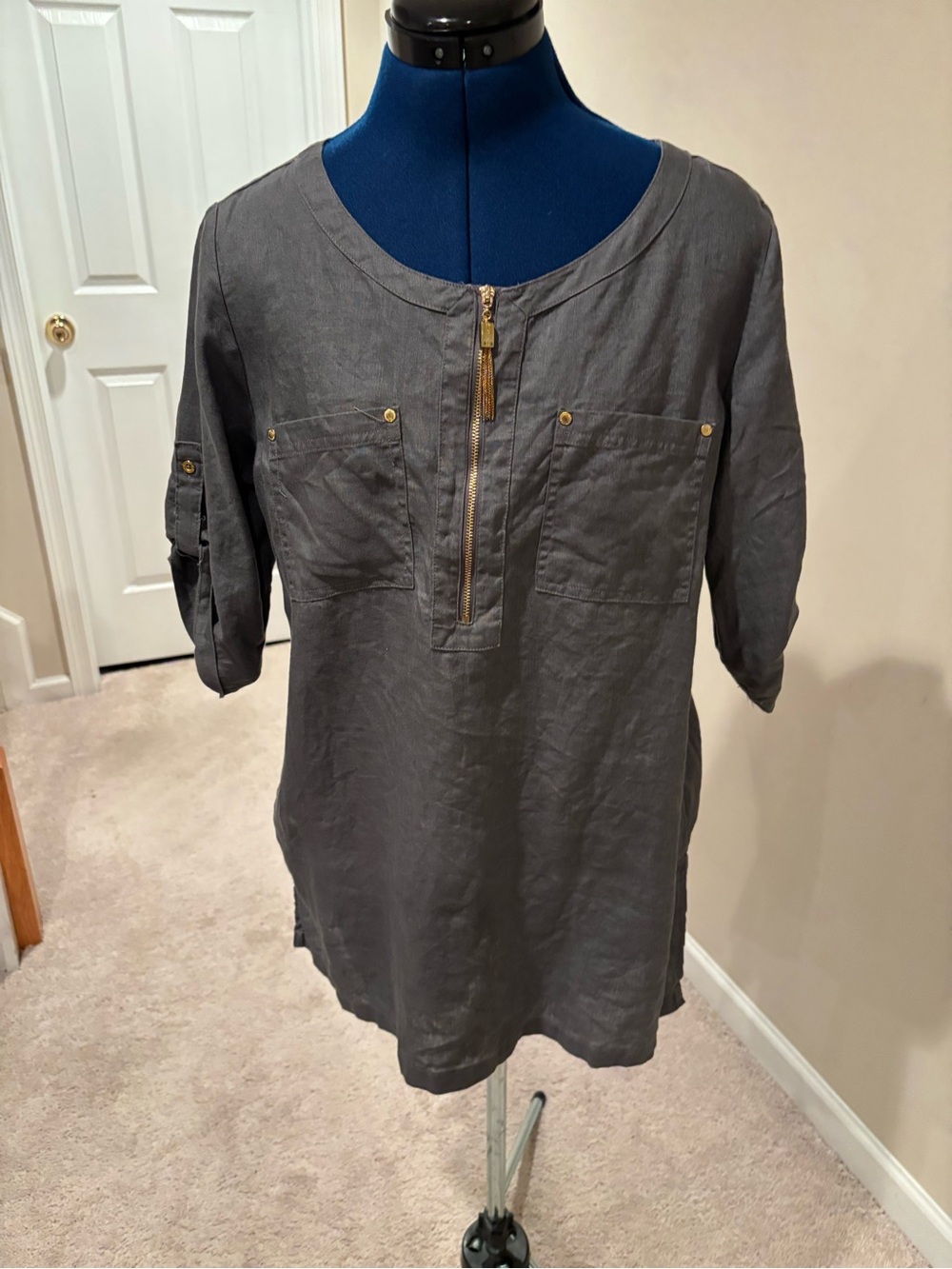 Gray Half-Zip Roll-Sleeve Women’s Tunic Top